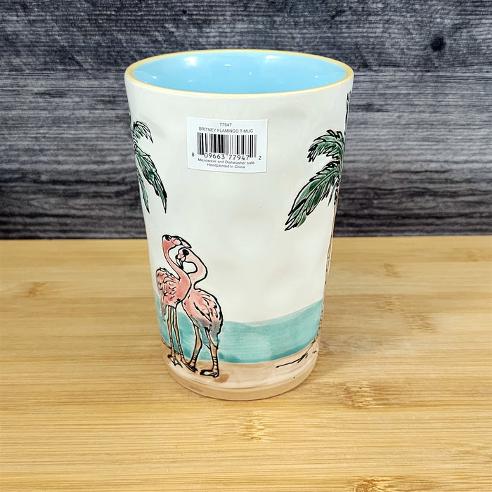 Flamingo with Palm Tree Coffee Mug Ceramic Beach Tropical Ocean Cup Blue Sky