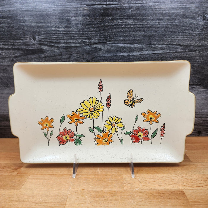 Floral Daisy & Butterfly Serving Plate 12" Platter Blue Sky Autumn Tray Embossed