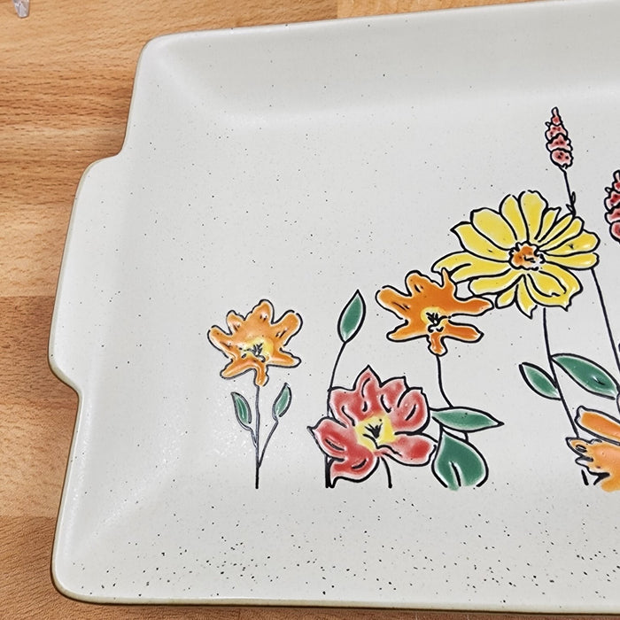 Floral Daisy & Butterfly Serving Plate 12" Platter Blue Sky Autumn Tray Embossed