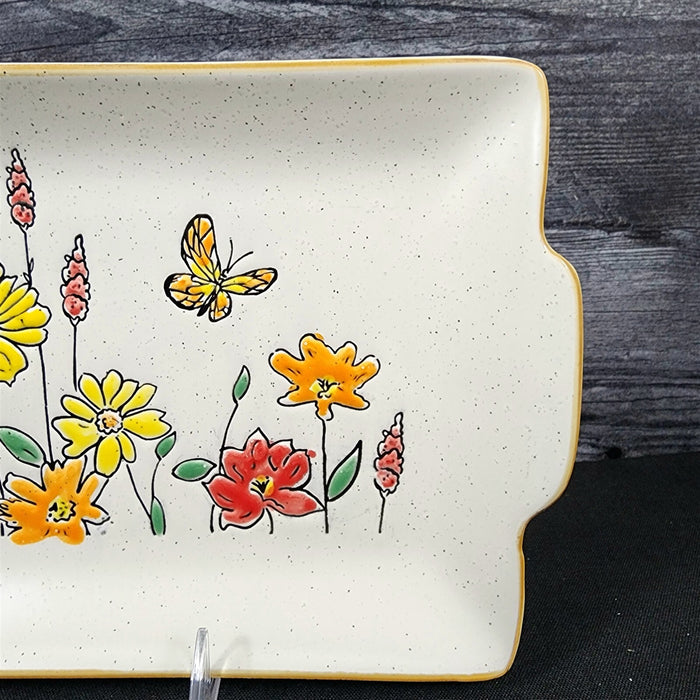 Floral Daisy & Butterfly Serving Plate 12" Platter Blue Sky Autumn Tray Embossed