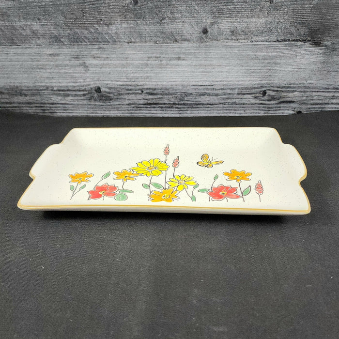 Floral Daisy & Butterfly Serving Plate 12" Platter Blue Sky Autumn Tray Embossed