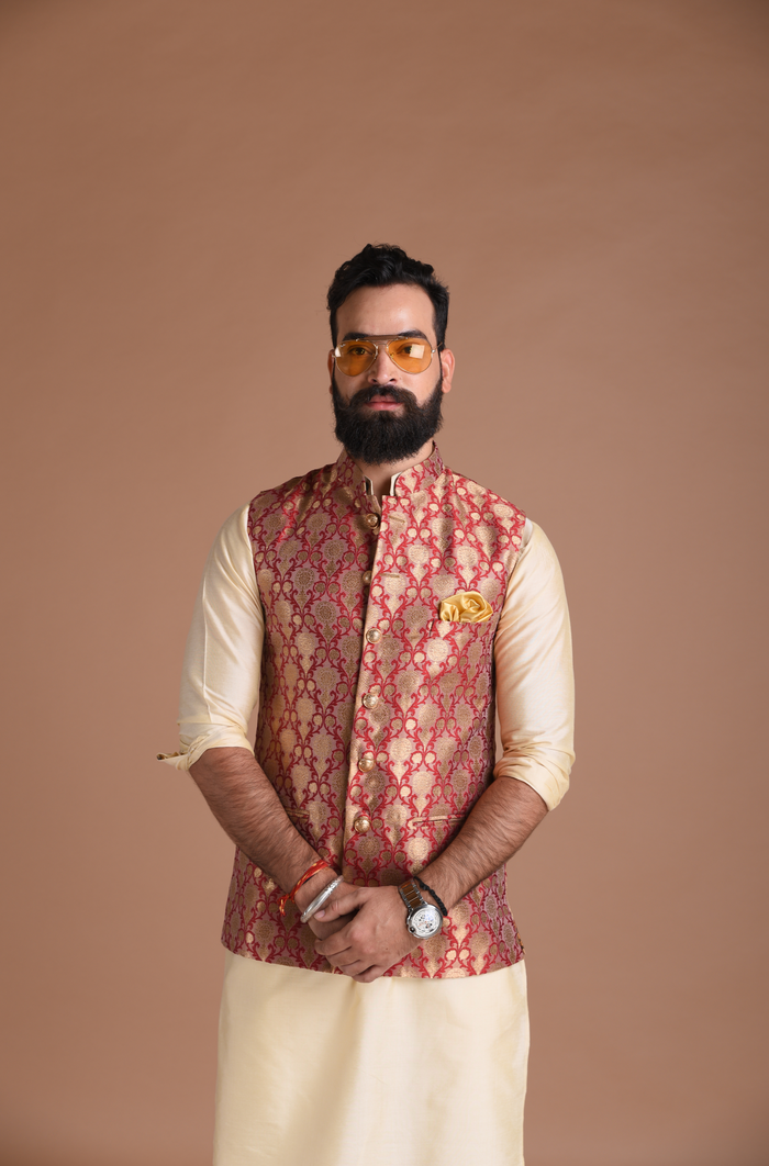 Floral Pattern Red Golden Half Jodhpuri Jacket with Kurta Pajama Set