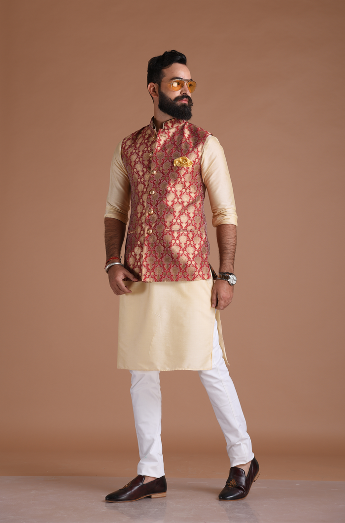 Floral Pattern Red Golden Half Jodhpuri Jacket with Kurta Pajama Set