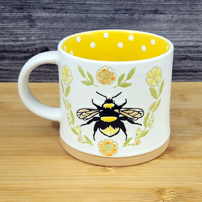 Flower Bumble Bee Coffee Mug Embossed Yellow Ceramic Tea Cup Blue Sky 17oz
