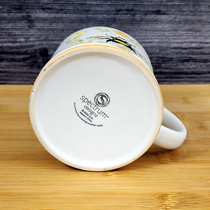 Flower Bumble Bee Coffee Mug Embossed Yellow Ceramic Tea Cup Blue Sky 17oz