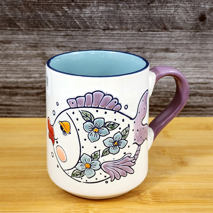 Flower Kissy Fish Coffee Mug Ceramic Whimsical Tea Cup Blue Sky 18oz Embossed