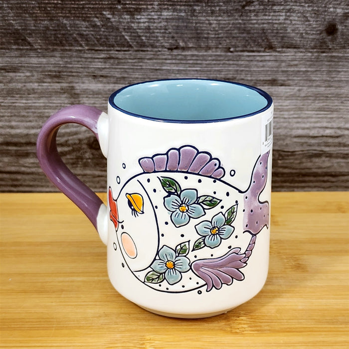 Flower Kissy Fish Coffee Mug Ceramic Whimsical Tea Cup Blue Sky 18oz Embossed