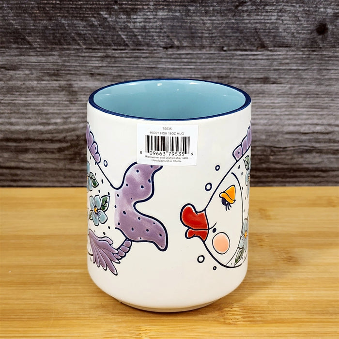 Flower Kissy Fish Coffee Mug Ceramic Whimsical Tea Cup Blue Sky 18oz Embossed