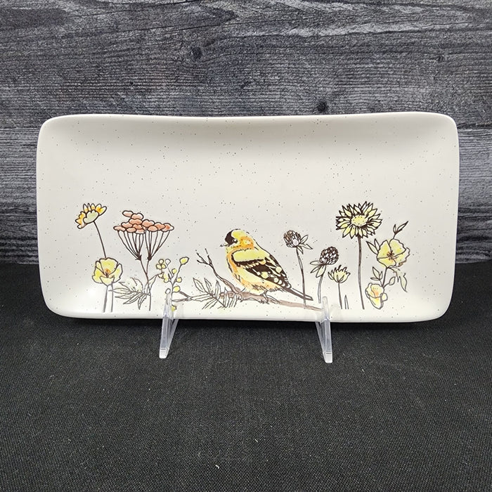 Flowers and Yellow Bird Serving Plate 10" Platter Blue Sky Tray Ceramic Embossed