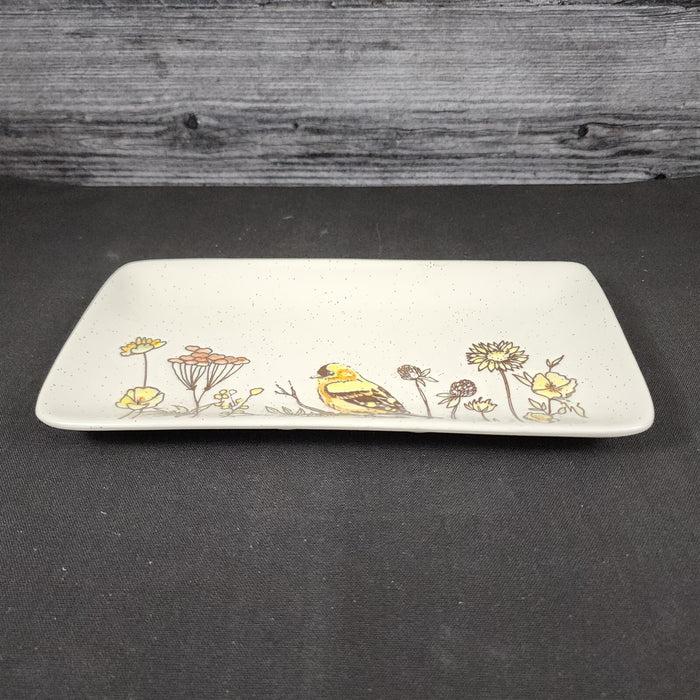 Flowers and Yellow Bird Serving Plate 10" Platter Blue Sky Tray Ceramic Embossed