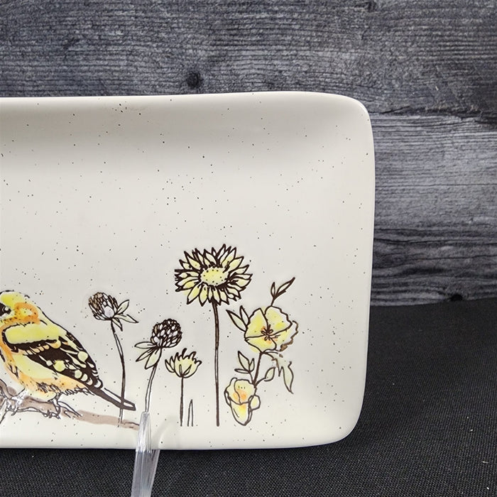 Flowers and Yellow Bird Serving Plate 10" Platter Blue Sky Tray Ceramic Embossed