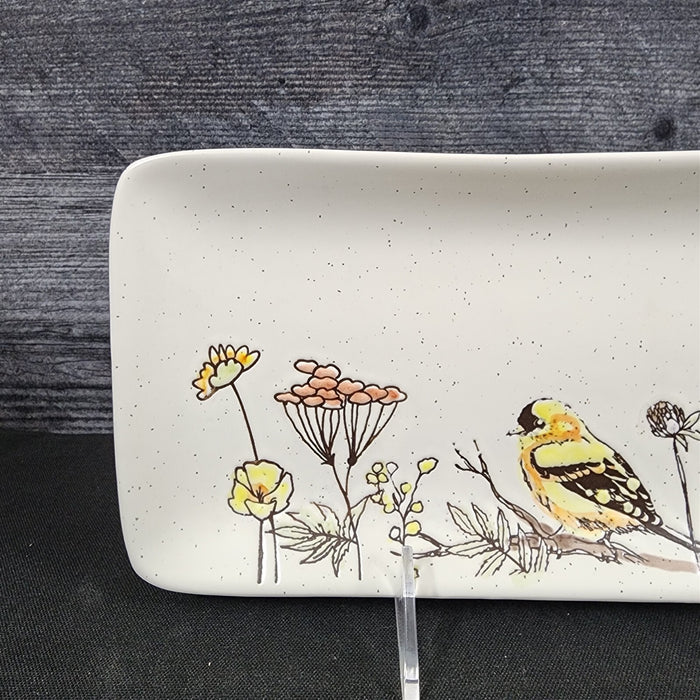 Flowers and Yellow Bird Serving Plate 10" Platter Blue Sky Tray Ceramic Embossed