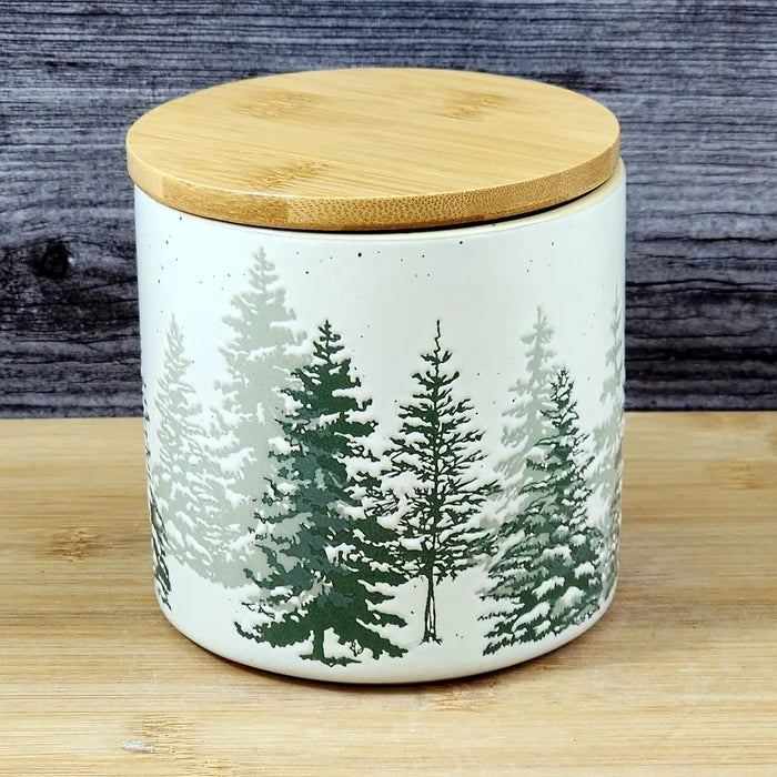 Forest Woods Tree's Canister & Bamboo Lid Embossed Ceramic Green Jar Blue Sky 4"
