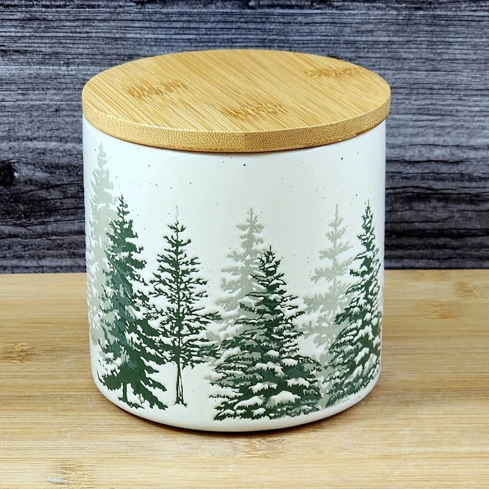 Forest Woods Tree's Canister & Bamboo Lid Embossed Ceramic Green Jar Blue Sky 4"