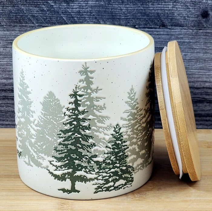 Forest Woods Tree's Canister & Bamboo Lid Embossed Ceramic Green Jar Blue Sky 5"