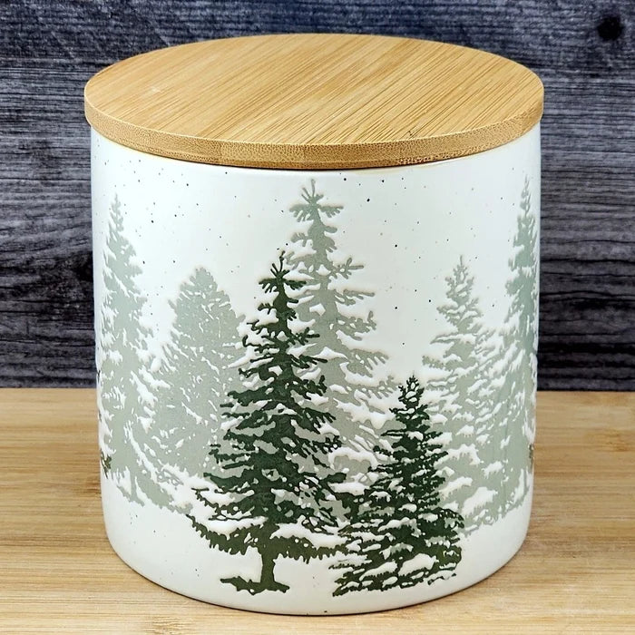 Forest Woods Tree's Canister & Bamboo Lid Embossed Ceramic Green Jar Blue Sky 5"