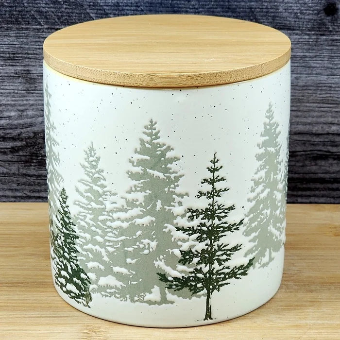 Forest Woods Tree's Canister & Bamboo Lid Embossed Ceramic Green Jar Blue Sky 5"