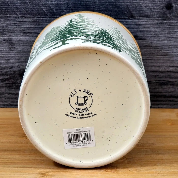 Forest Woods Tree's Canister & Bamboo Lid Embossed Ceramic Green Jar Blue Sky 5"