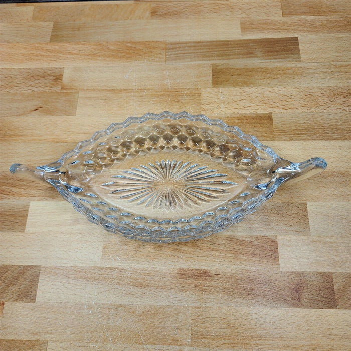 Fostoria American Cubist Clear Glass Relish Dish Boat With Handles 12" Stem 2056