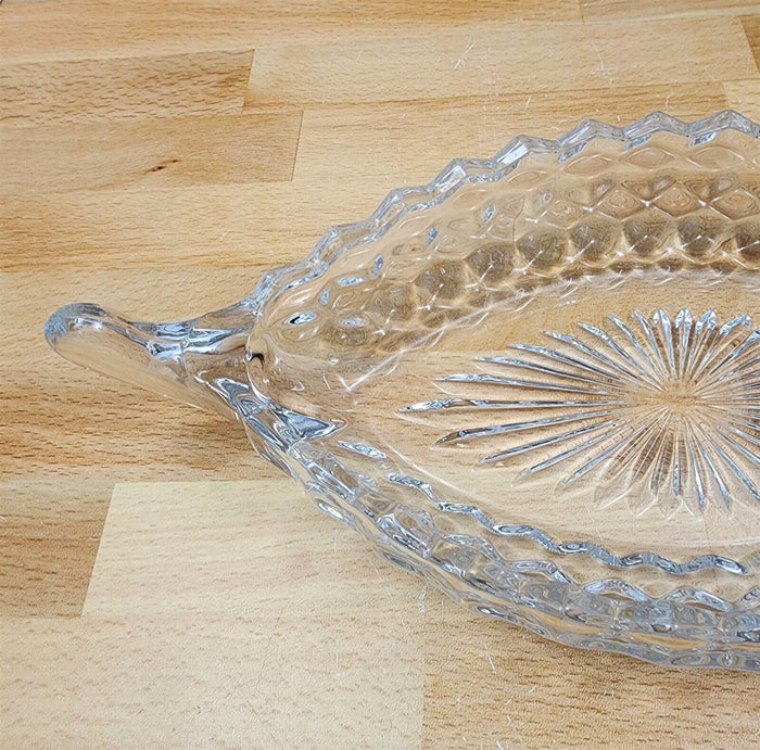 Fostoria American Cubist Clear Glass Relish Dish Boat With Handles 12" Stem 2056