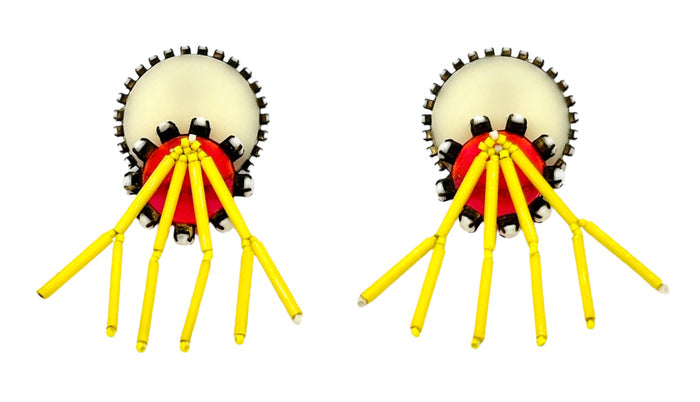 Found Material Earrings - Cog Shape with Long Yellow Beading