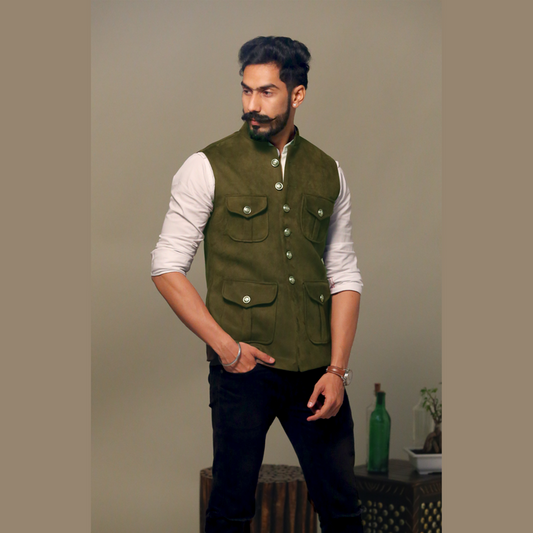 Four Pocket Half Jacket Olive Green in Premium Faux Suede Leather Fabric