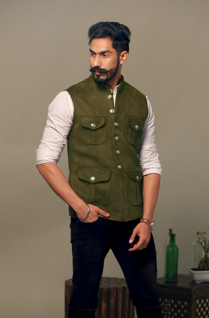 Four Pocket Half Jacket Olive Green in Premium Faux Suede Leather Fabric
