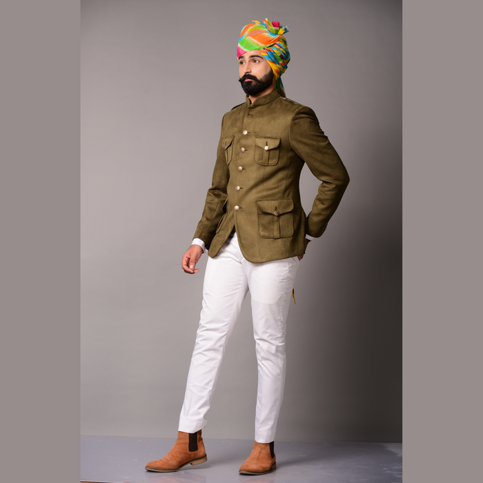 Four Pocket Olive Green Hunting Style Faux Suede Bandhgala Blazer only