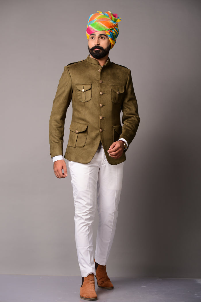 Four Pocket Olive Green Hunting Style Faux Suede Bandhgala Blazer only