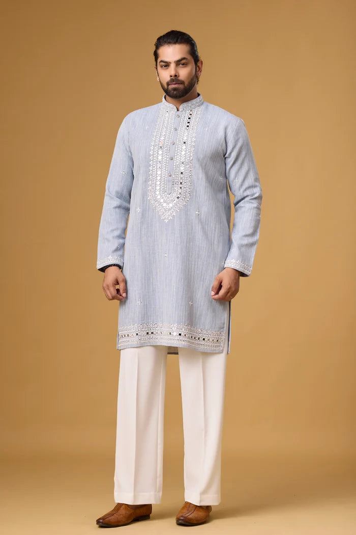 Frost Blue Regal Embroidered Kurta Set for Men | Mahavir NX