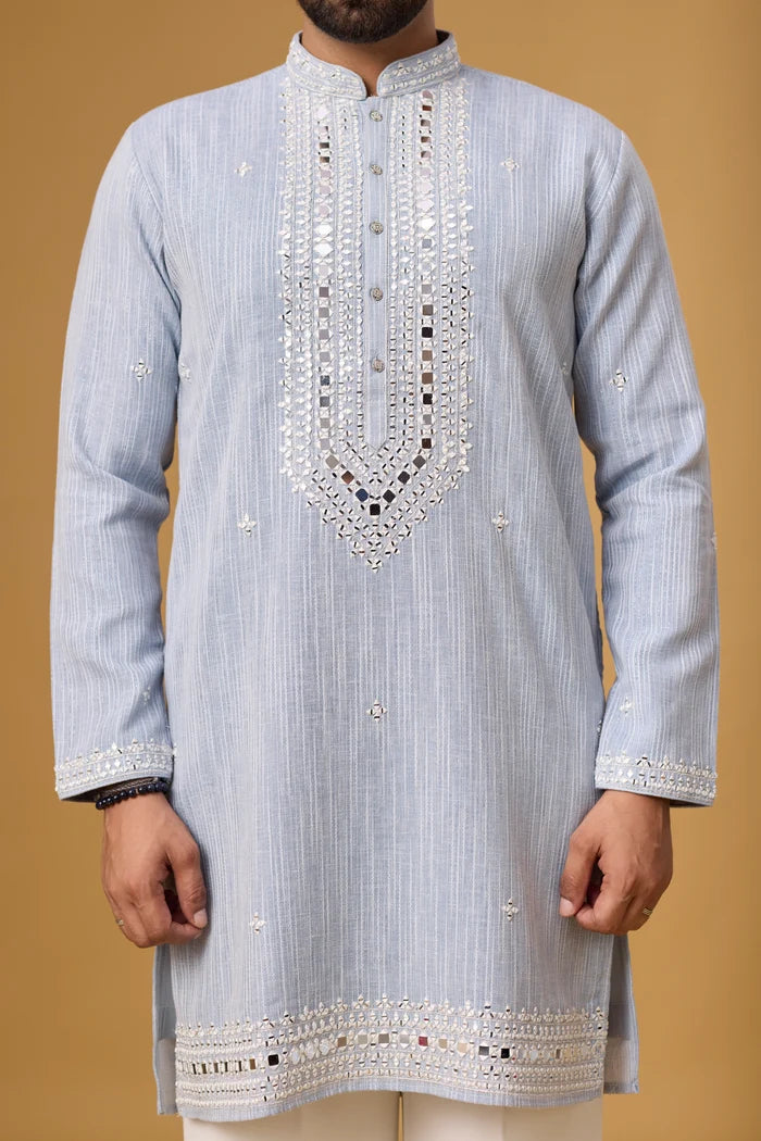 Designer Frost Blue Ethnic Kurta Set – Side View | Mahavir NX