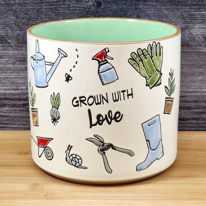 Garden Lover Planter Utensil Holder Green Succulent Plant Ceramic Blue Sky 5 In