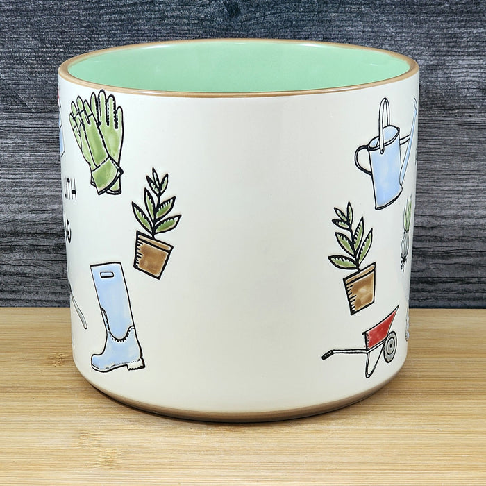 Garden Lover Planter Utensil Holder Green Succulent Plant Ceramic Blue Sky 5 In