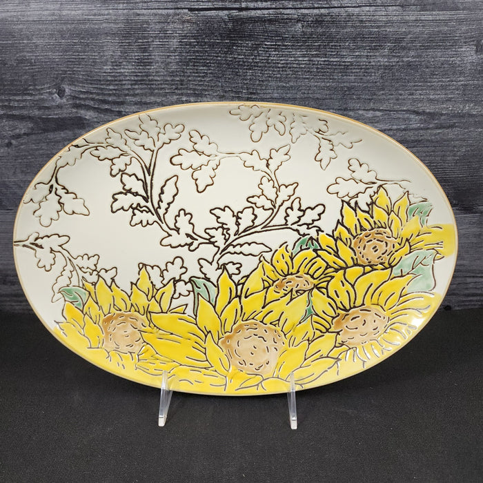 Gilded Sunflower Platter Embossed Floral Serving Oval Plate Ceramic Blue Sky 12"