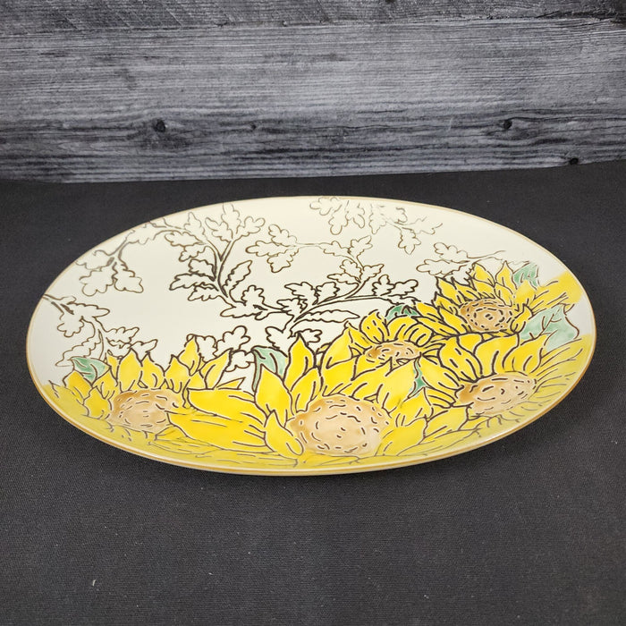 Gilded Sunflower Platter Embossed Floral Serving Oval Plate Ceramic Blue Sky 12"