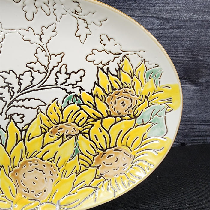 Gilded Sunflower Platter Embossed Floral Serving Oval Plate Ceramic Blue Sky 12"