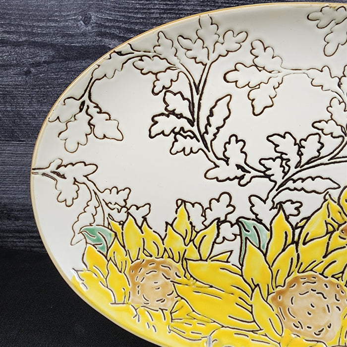Gilded Sunflower Platter Embossed Floral Serving Oval Plate Ceramic Blue Sky 12"