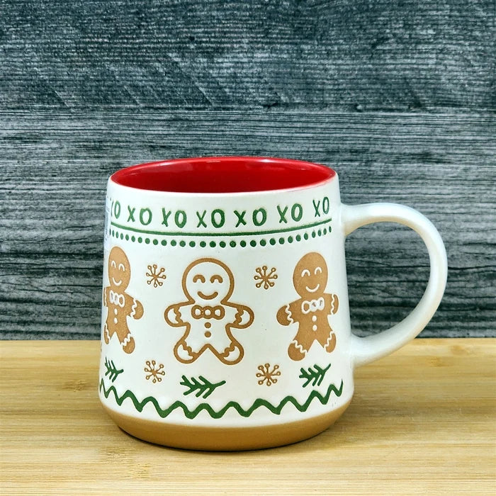 Gingerbread Man Christmas Coffee Mug Ceramic Holiday Cup Red Green 18oz Blue Sky
