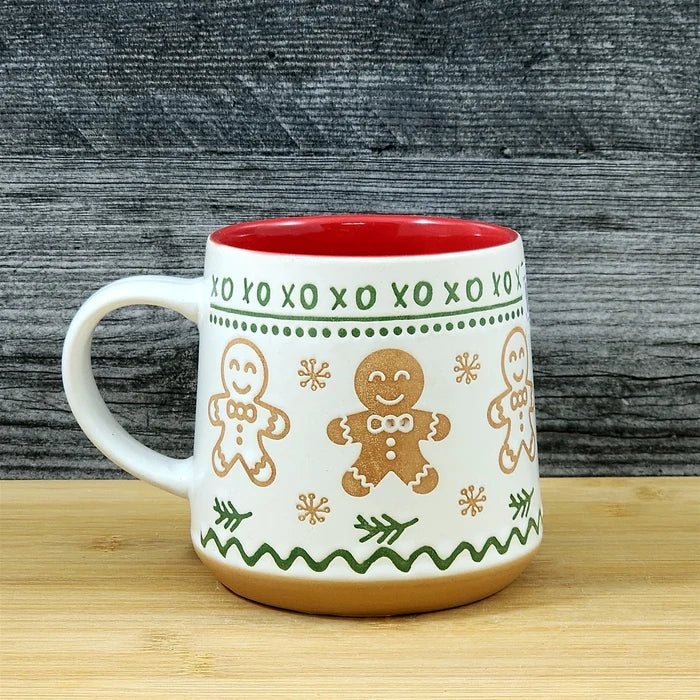 Gingerbread Man Christmas Coffee Mug Ceramic Holiday Cup Red Green 18oz Blue Sky