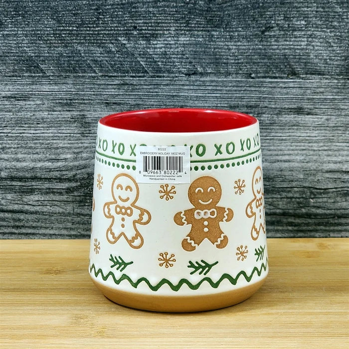 Gingerbread Man Christmas Coffee Mug Ceramic Holiday Cup Red Green 18oz Blue Sky