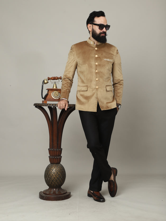 Golden Beige Velvet Bandhgala Jacket with Pants | Wedding & Festive Wear