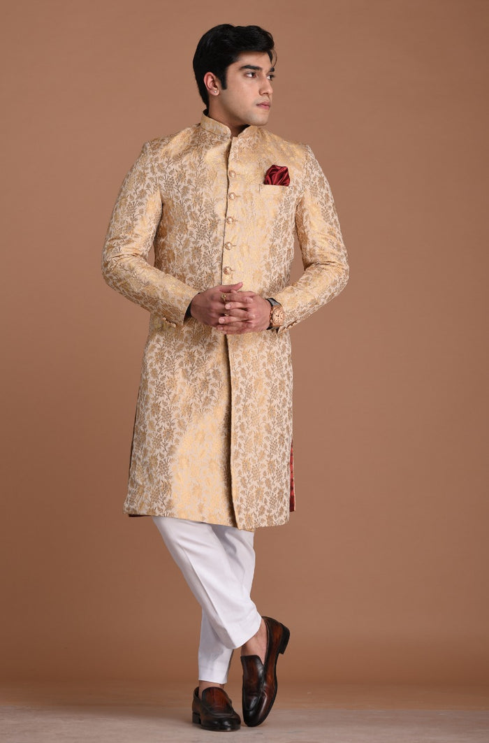 Golden Cream Color Royal Banarasi Silk Sherwani