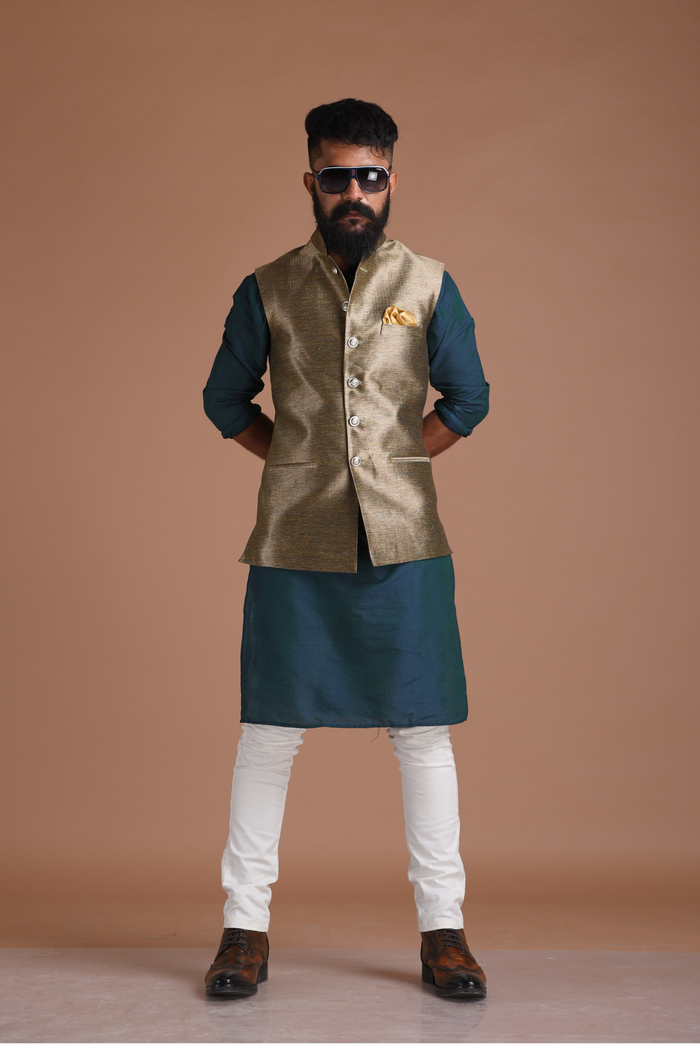 Golden Cyan Kim-Khab Half Jodhpuri Jacket with Kurta-Pajama Set
