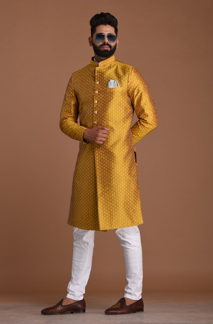 Golden Diamond Shape Maharaja Style Brocade Silk Sherwani