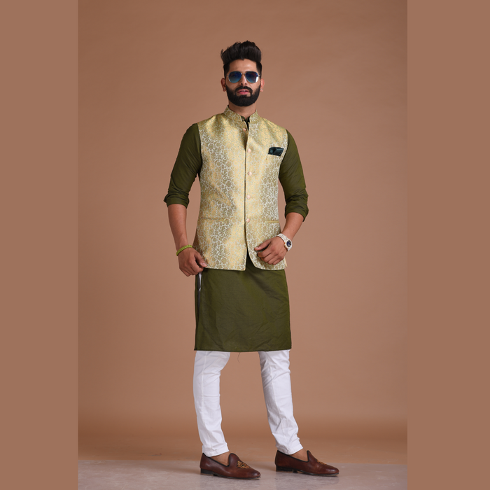 Golden Green Brocade Silk Jodhpuri Jacket With Kurta Pajama