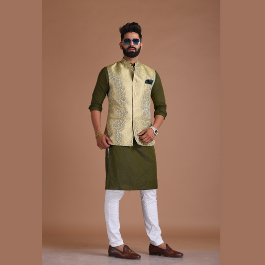 Golden Green Brocade Silk Jodhpuri Jacket With Kurta Pajama
