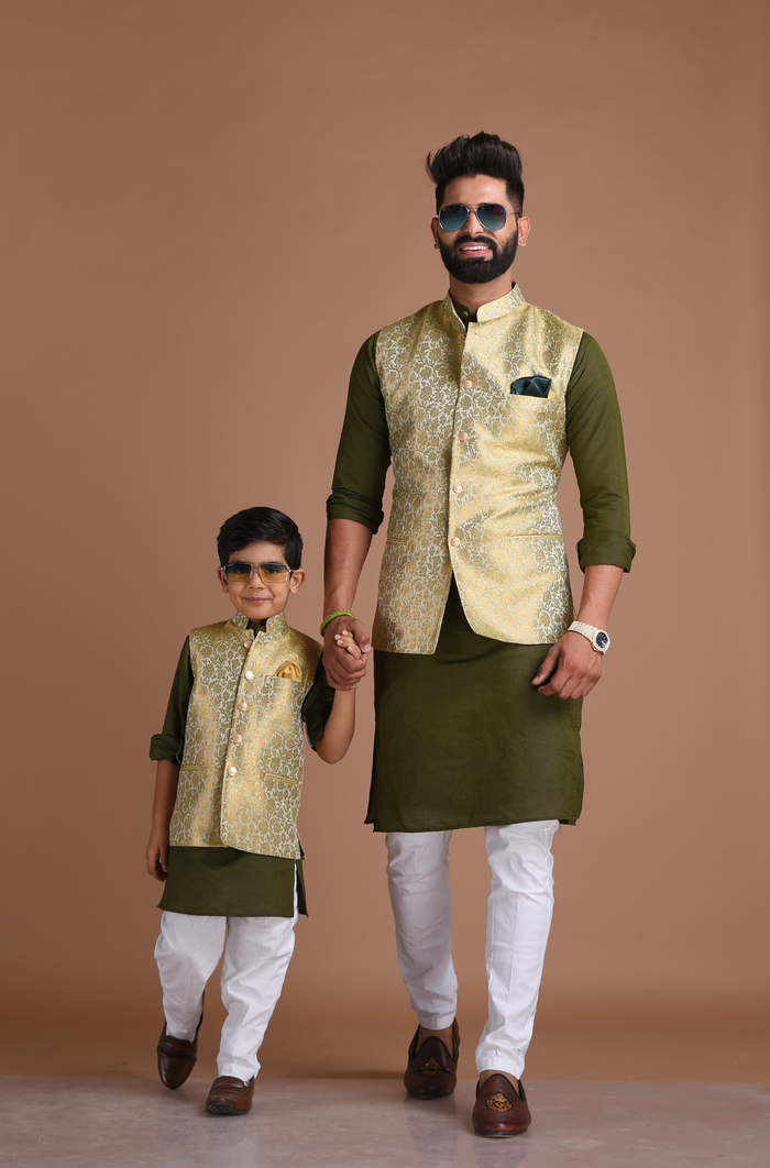 Golden Green Brocade Silk Jodhpuri Jacket With Kurta Pajama