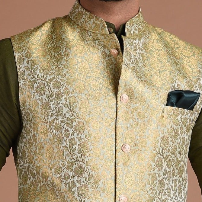 Golden Green Brocade Silk Jodhpuri Jacket With Kurta Pajama