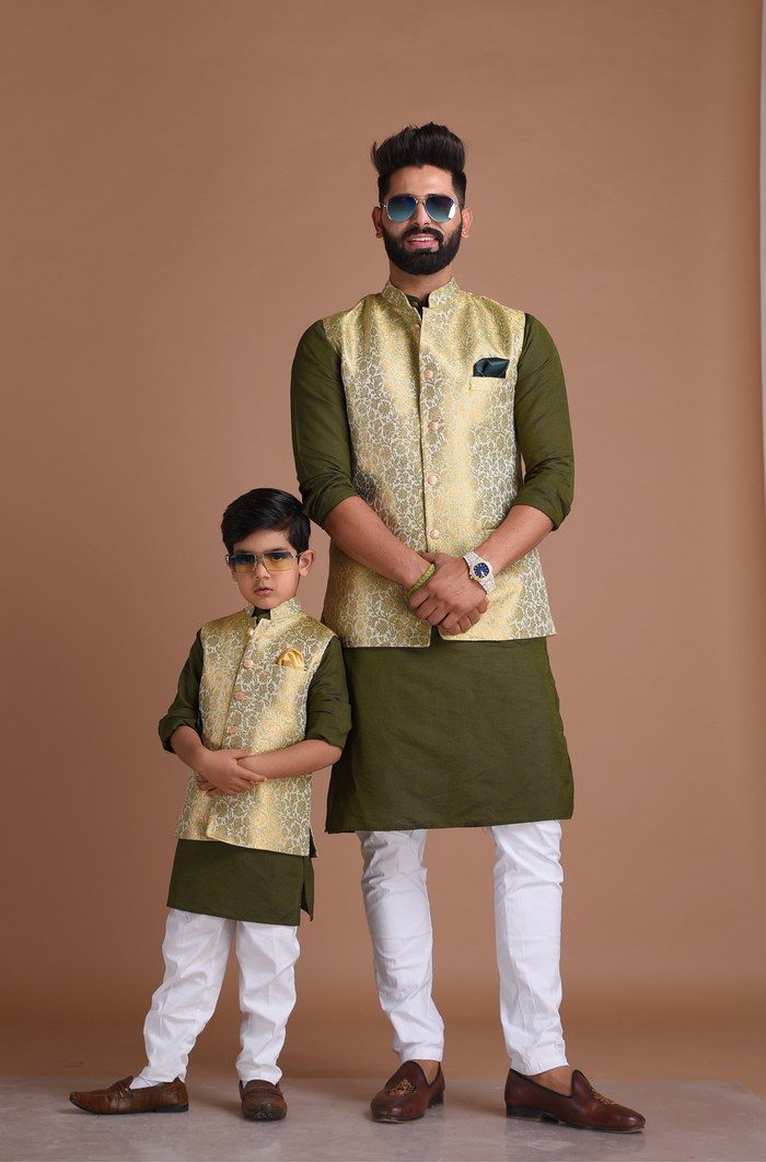 Golden Green Brocade Silk Jodhpuri Jacket With Kurta Pajama
