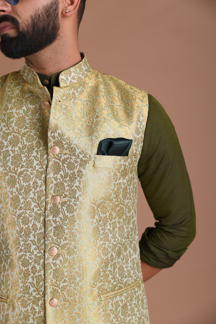 Golden Green Brocade Silk Jodhpuri Jacket With Kurta Pajama